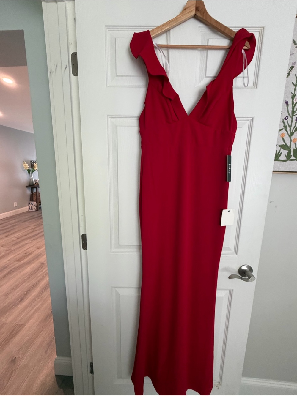 Elegant Red Ruffle-Sleeve V-Neck Evening Dress Lulus Size Small